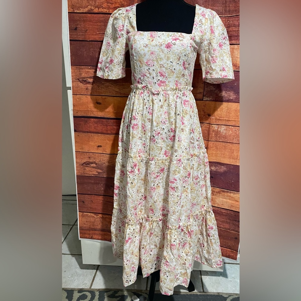 Just Me- Floral Eyelet Midi Dress